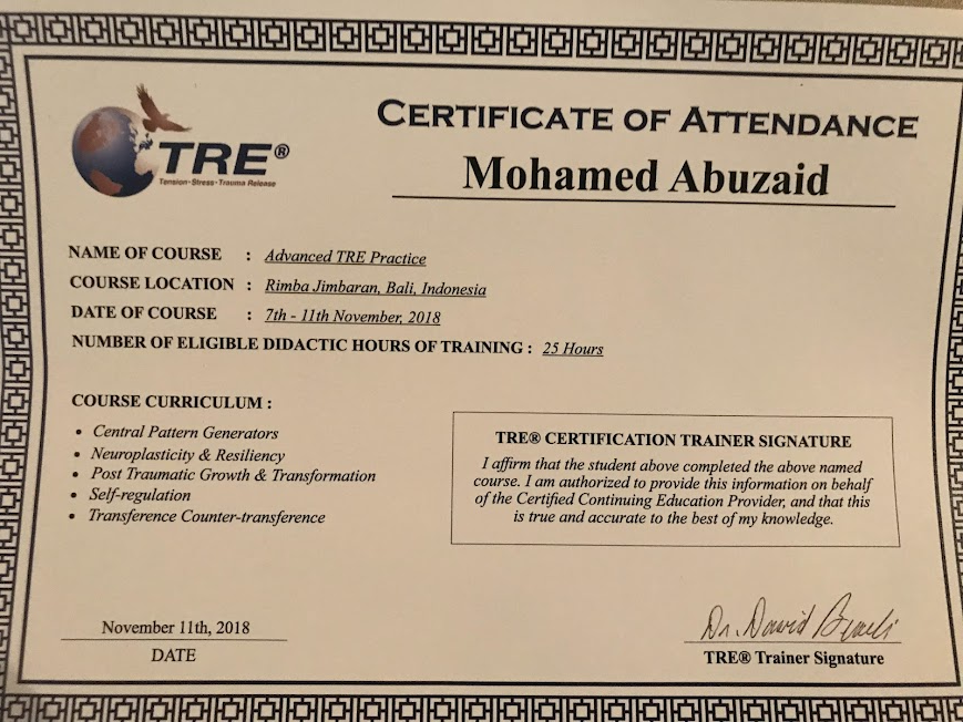 شهادة حضور دورة TRE® المتقدمة — محمد أبوزيد